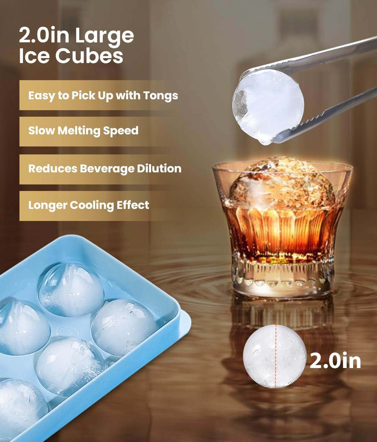 Large Ice Cube Molds– Big round Ice Cube Tray for Freezer,Bpa-Free Food-Grade Whiskey Ice Mold,Stackable Ice Ball Maker,Circle Ice Cube Tray for Cocktails,Whiskey and Chilling Drinks(8 Balls/2.0 In)