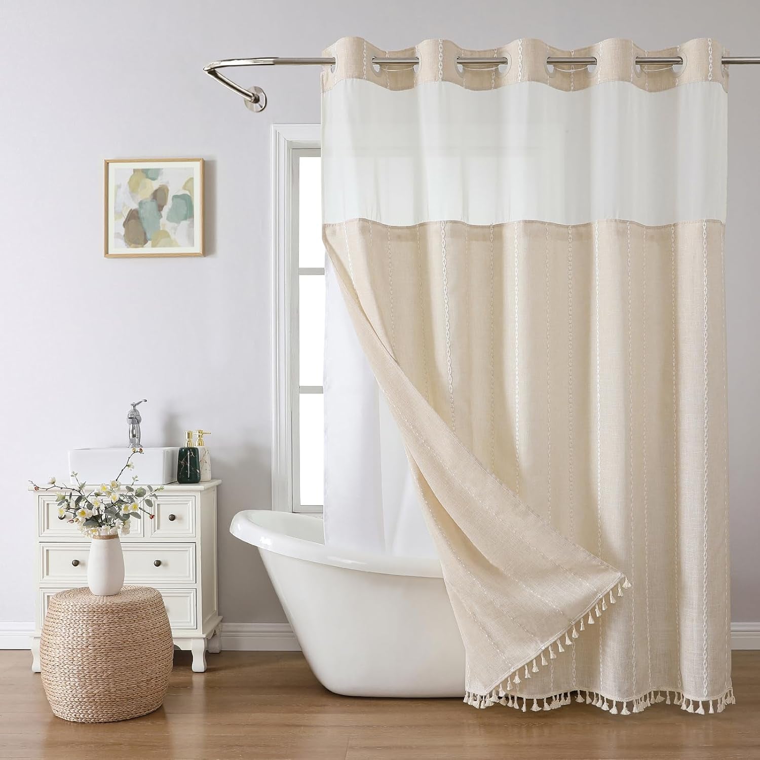 Boho Farmhouse No Hook Shower Curtain Set with Snap-In Fabric Liner,Heavy-Duty Linen Textured Rustic Striped Design,Water-Repellent with Tassels and Sheer Window,Cream/Beige,71X74