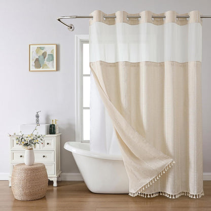 Boho Farmhouse No Hook Shower Curtain Set with Snap-In Fabric Liner,Heavy-Duty Linen Textured Rustic Striped Design,Water-Repellent with Tassels and Sheer Window,Cream/Beige,71X74