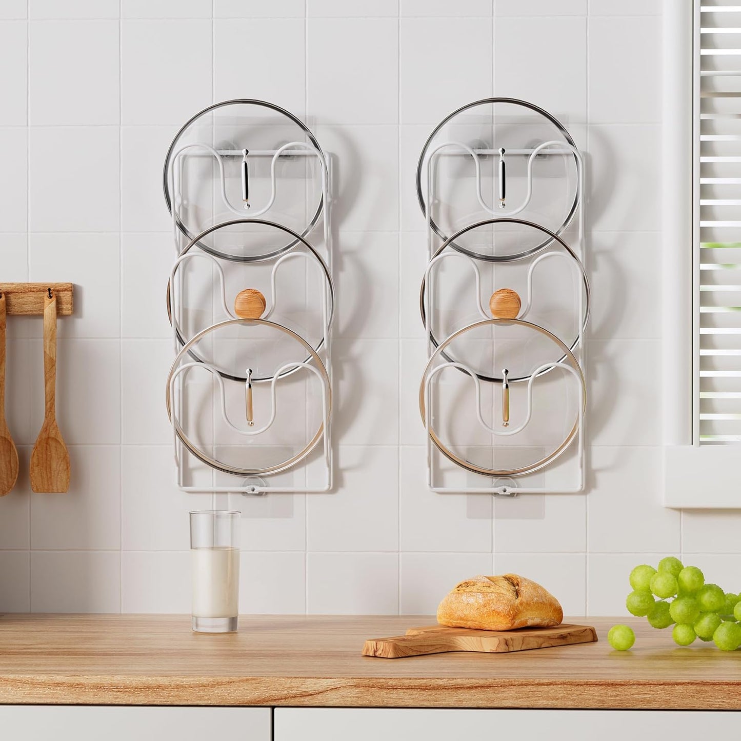 2 Pack Pot Lid Organizer Rack for Cabinet Door/Wall, 6-Tier Pot Lid Holders inside Cabinet Door, No Drilling Adhesive Wall/Door Mounted Rustproof Pots and Pans Lid Organizers for Kitchen Storage White