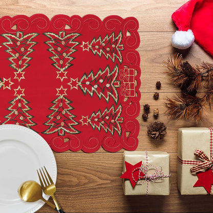 Red Christmas Placemats - 13 X 19 Inch Set of 4, Embroidered Cutwork with Green Christmas Tree and Gifts, Holiday Placemats for Xmas Party Kitchen Decor