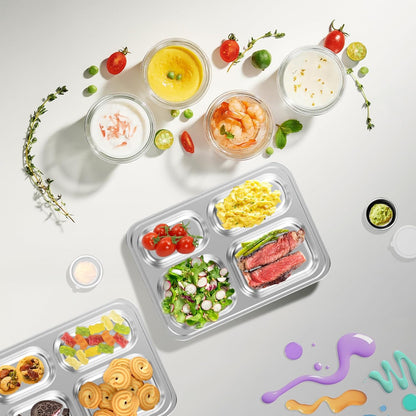 Stainless Steel Divided Plate for Kids Toddler, Non Toxic Portion Control Plate Dinner Plate with Lid for Adults Weight Loss, 4 Pack 4 Sections Rectangular Snack Plate Tray