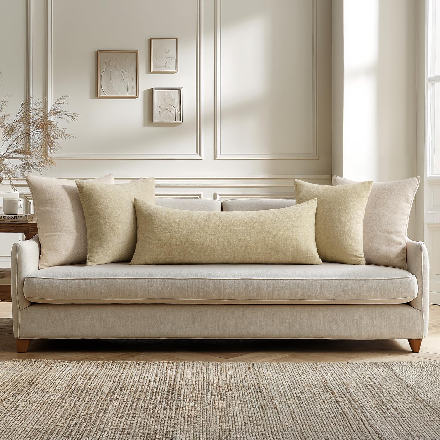 Pack of 1 Couch Throw Pillow Covers 14X36 Inch Soft Beige Chenille Pillow Covers for Sofa Living Room Solid Dyed Pillow Cases