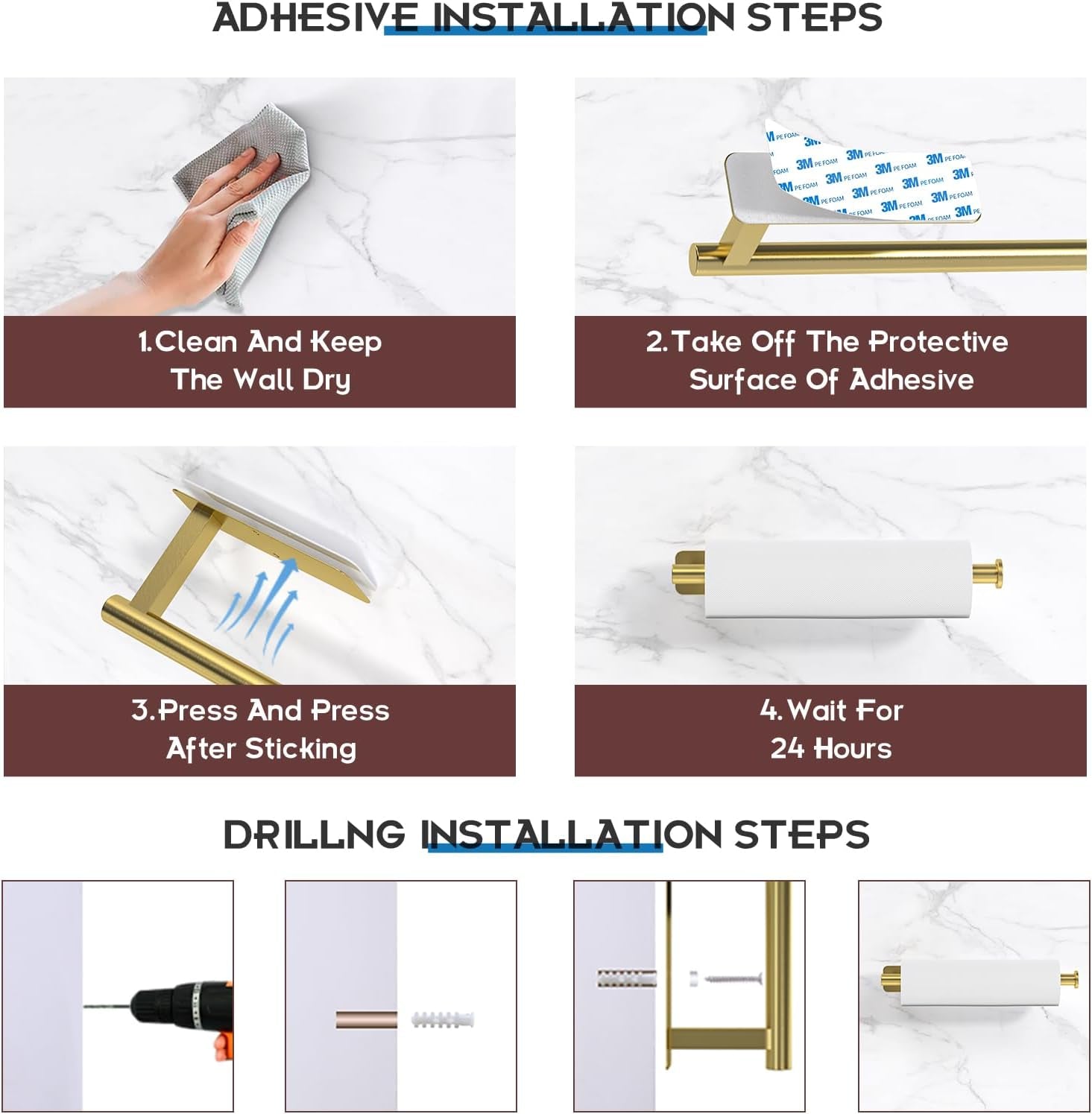 Gold Paper Towel Holder under Cabinet Mount Self Adhesive, Wall Mount Paper Towel Holder Wall Mounted Hanging Towels Holders for Kitchen