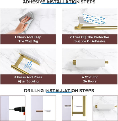 Gold Paper Towel Holder under Cabinet Mount Self Adhesive, Wall Mount Paper Towel Holder Wall Mounted Hanging Towels Holders for Kitchen