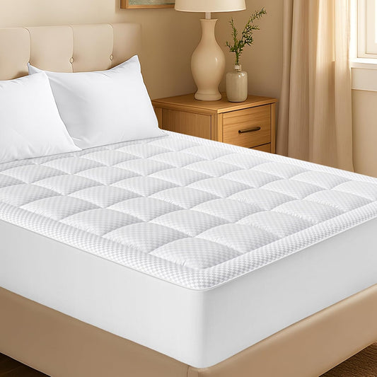 Queen Quilted Fitted Mattress Pad, Elastic Fitted Mattress Topper, Cooling Soft Mattress Cover Stretches up to 21 Inches Deep, Machine Washable Mattress Protector (60X80 Inch, White)