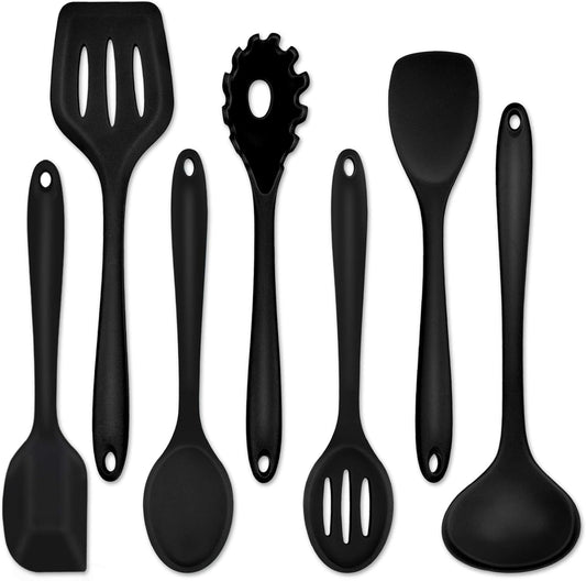 Silicone Cooking Utensils Set of 7, Heat-Proof Kitchen Utensils Set for Nonstick Cookware, Non-Stick Spatula, Slotted Turner, Soup Ladle, Pasta Server, Spoon for Cooking Serving - Black