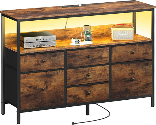 LED TV Stand for Bedroom, 50 Inch Kids Dresser with Power Outlets, 7 Drawers Entertainment Center with Storage Shelf, Living Room Console