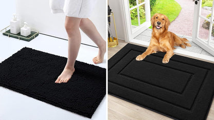 Bath Rug and Dog Door Mat Set, Luxury Chenille Bath Rug (Black 30X20) and Classic Dog Door Mat for Muddy Paws (Black 30X20)