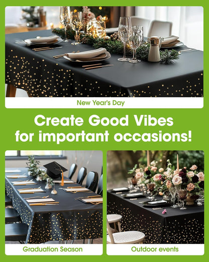 Plastic Table Cloth Disposable 10 Pack, 54 X 108 Inch Table Cloths, Graduation Decorations Class of 2025, Graduation Tablecloths, Rectangle, Plastic Cover, Leakproof & Sturdy, Black and Gold