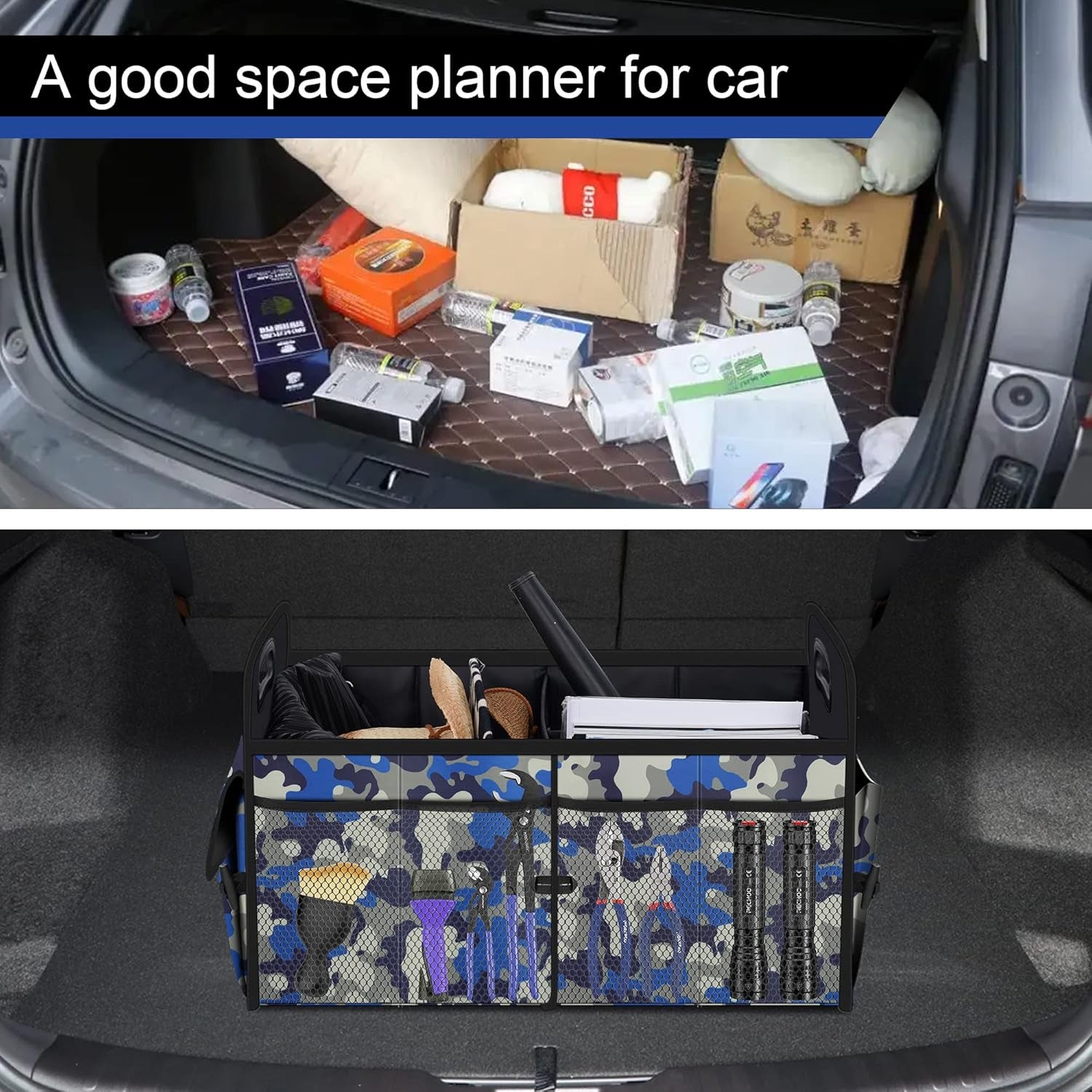 Car Trunk Organizer with 72L Large Capacity Waterproof Collapsible and 11 Pockets, Trunk Organizer for Car Suv/Jeep/Sedan, Large Size, Blue Camouflage