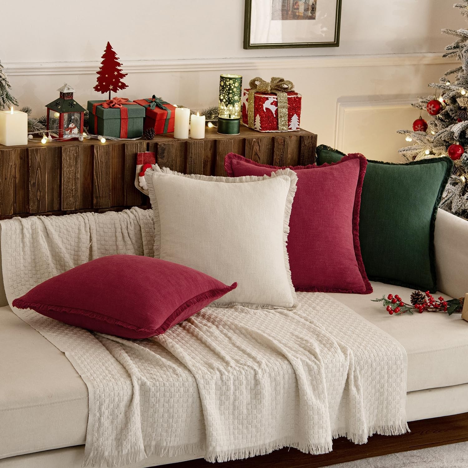 Linen Pillow Covers 18X18 Inch Decorative Throw Pillows with Fringe Pack of 4 Soft Farmhouse Boho Couch Pillows Home Decors for Sofa Cushion Living Room Bed Dark Green and Burgundy