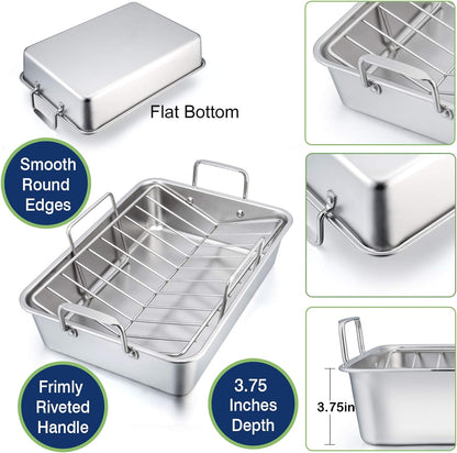 16" Roaster Roasting Pan with Baking Rack and V-Shaped Rack, Stainless Steel Rectangular Lasagna Pan with Handles for Turkey Chicken, Healthy & Dishwasher Safe, 3 Pieces, Silver