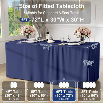 2 Packs Rectangle Fitted Tablecloth, 6 Foot Washable Fabric Table Cloth, Waterproof Polyester Table Cover for Party, Trade Show, Outdoor and Indoor (Navy Blue, 30" X 72")