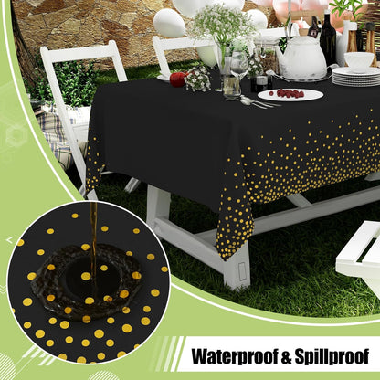 54 Inch X 100 Feet Disposable Table Cover Roll, Black & Gold Plastic Table Cloth in Cut-To-Size Box with Slide Cutter, Waterproof Rectangle Tablecloths for Weddings, Banquets, Outdoor