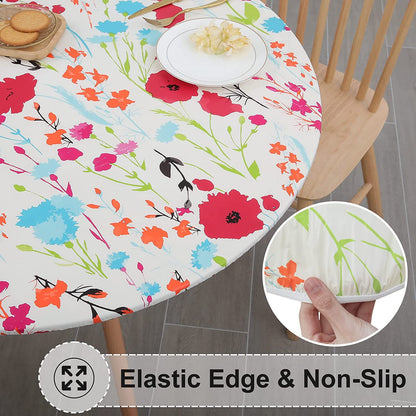 round Tablecloth, Fitted Table Cover with Umbrella Hole, 100% Waterproof, Elastic Edge, Flannel Backing, Plastic Table Cloth Fit 45"-56" round Tables for Patio, Picnic, Outdoor, Flowers