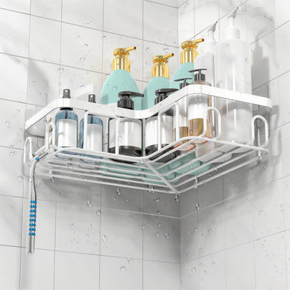 Corner Adhesive Shower Caddy, with Soap Holder and 12 Hooks, Rustproof Stainless Steel Bathroom Organizer, No Drilling Wall Mounted Rack, Black, 3-Pack(White)