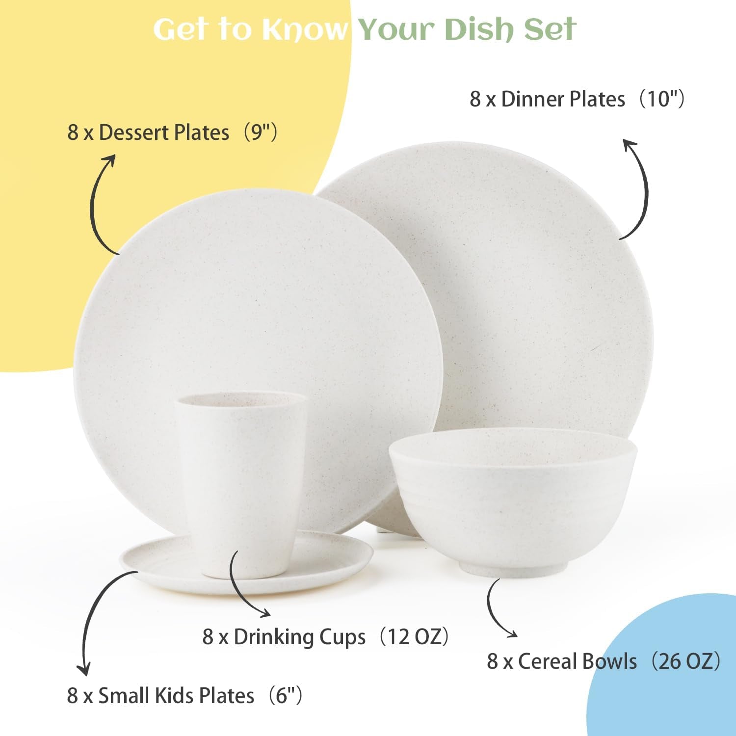 Wheat Straw 40-Piece Dinnerware Set for 8 - Includes Dinner Plates, Dessert Plates, Cereal Bowls, Cups, and Appetizer Plates - Reusable White Dish Set for Kids and Adults