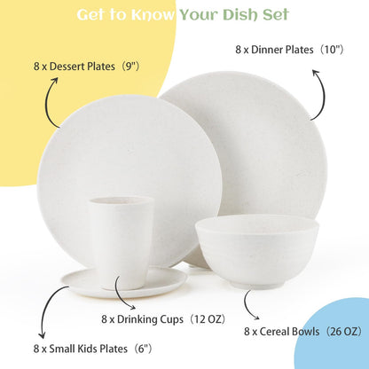 Wheat Straw 40-Piece Dinnerware Set for 8 - Includes Dinner Plates, Dessert Plates, Cereal Bowls, Cups, and Appetizer Plates - Reusable White Dish Set for Kids and Adults