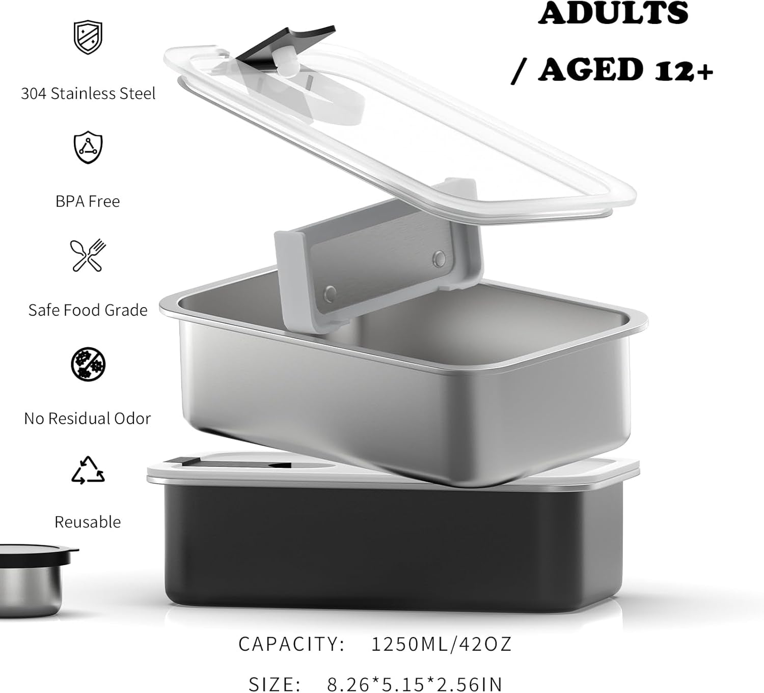 Stainless Steel Bento Lunch Box for Adult, 42Oz Leak-Proof Lunch Box Containers, Microwave-Safe, with Adjustable Divider, Convenient Metal Lunchbox for Work, Travel