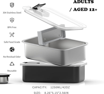 Stainless Steel Bento Lunch Box for Adult, 42Oz Leak-Proof Lunch Box Containers, Microwave-Safe, with Adjustable Divider, Convenient Metal Lunchbox for Work, Travel