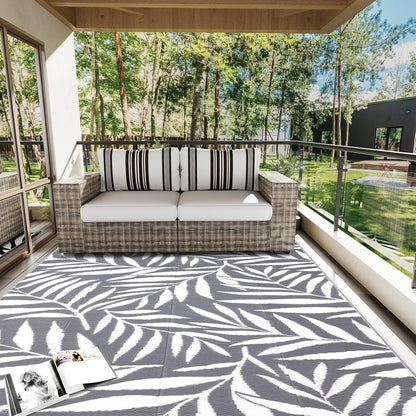 Waterproof Outdoor Rug 5X8 Ft, Reversible Outdoor Plastic Straw Rug with Leaf Pattern, RV Mat, Indoor Outdoor Carpet for Patio, Camping, Balcony, Deck, Backyard, Grey & White