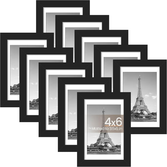 4X6 Picture Frame Set of 10, Display Pictures 3.5X5 with Mat or 4X6 Without, Multi Photo Frames Collage for Wall or Tabletop Display, Black
