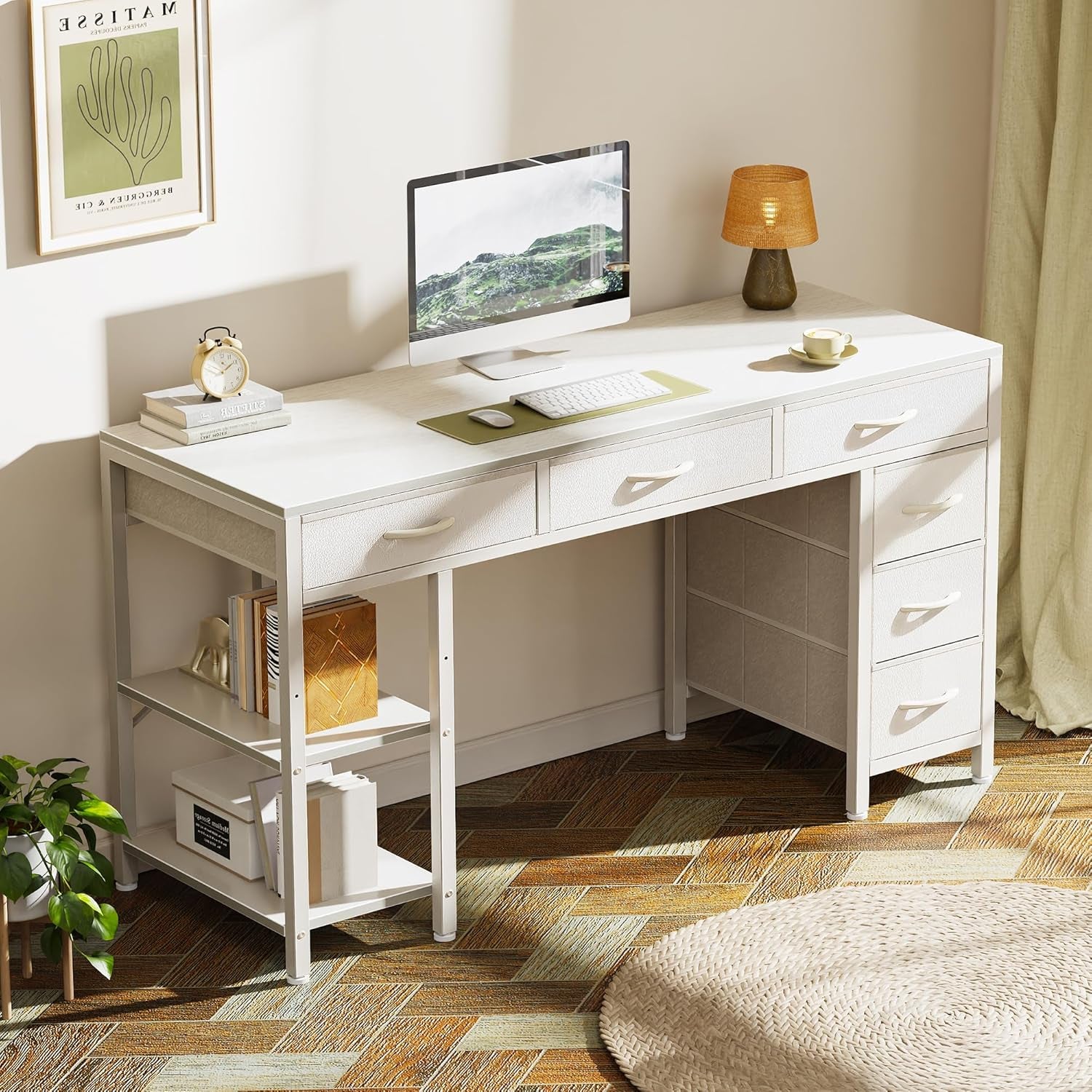 47-Inch Computer Desk with 6 Drawers and Shelves, Reversible Corner Desk for Home Office, Study, and Living Room, White