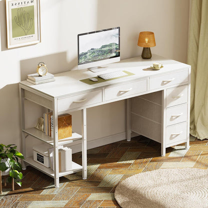 47-Inch Computer Desk with 6 Drawers and Shelves, Reversible Corner Desk for Home Office, Study, and Living Room, White