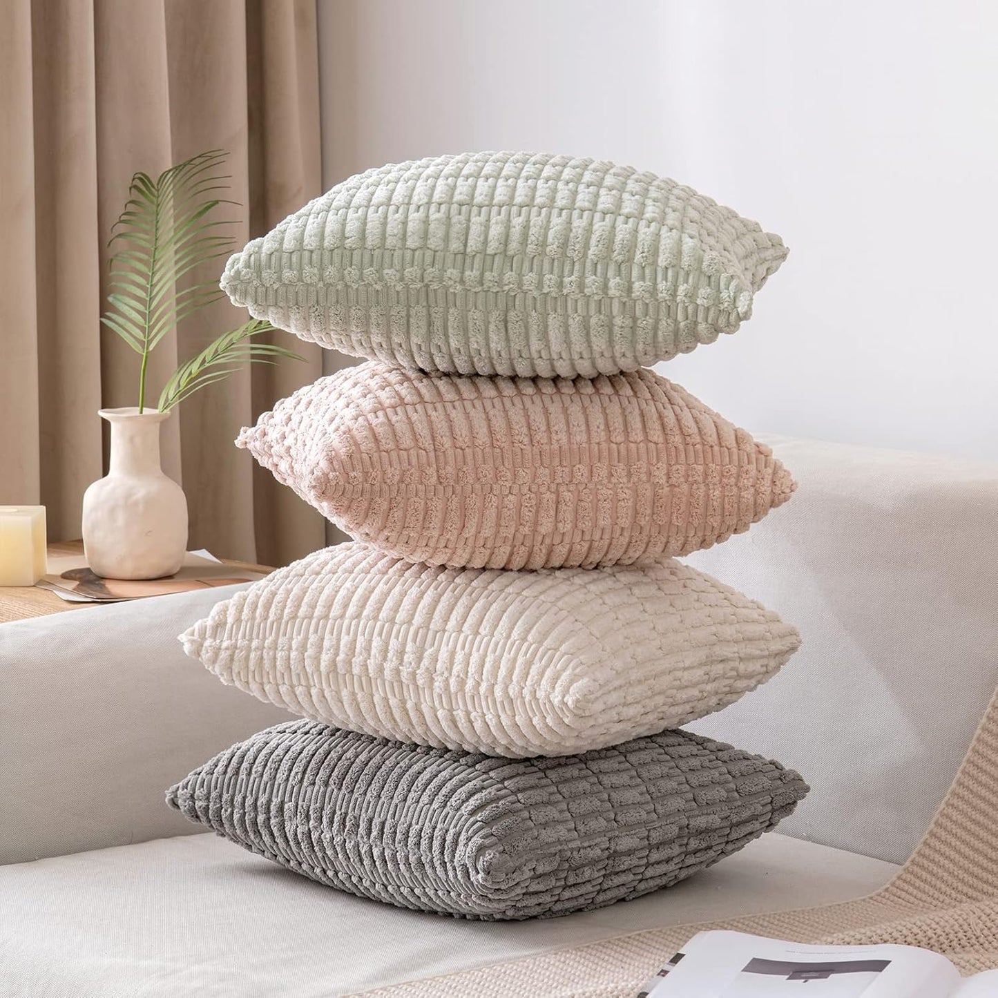 Pack of 2 Corduroy Decorative Throw Pillow Covers 18X18 Inch Soft Boho Striped Pillow Covers Modern Farmhouse Home Decor for Sofa Living Room Couch Bed Light Grey