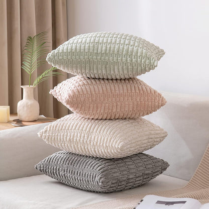 Pack of 2 Corduroy Decorative Throw Pillow Covers 18X18 Inch Soft Boho Striped Pillow Covers Modern Farmhouse Home Decor for Sofa Living Room Couch Bed Light Grey