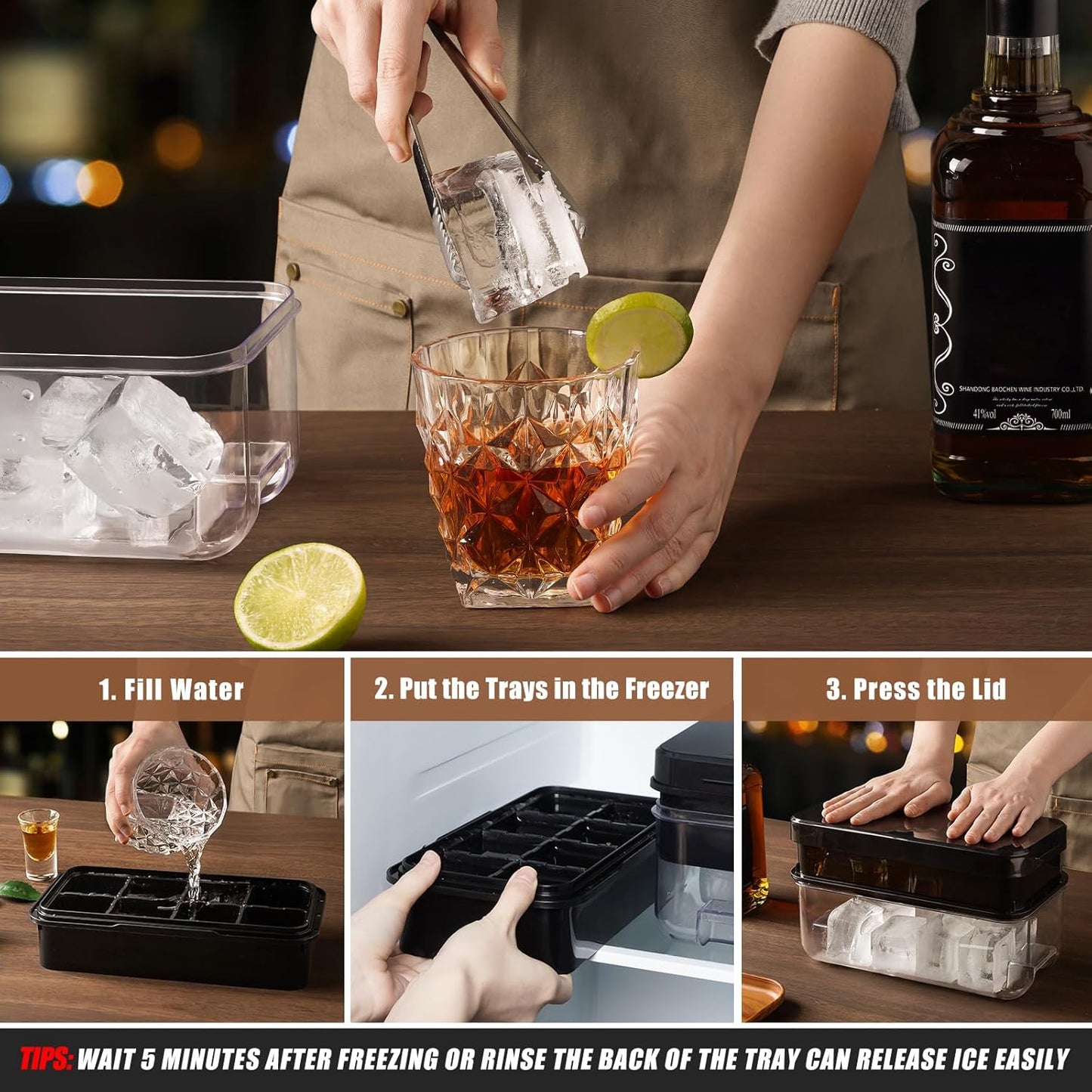 Large Ice Cube Tray with Lid and Bin, Ice Trays for Freezer, 2 INCH Whiskey Ice Cubes Mold, 2*8 Pcs Square Ice Cube Mold with Tong, Easy to Release, Large Ice Tray for Whiskey Cocktail Bourbon