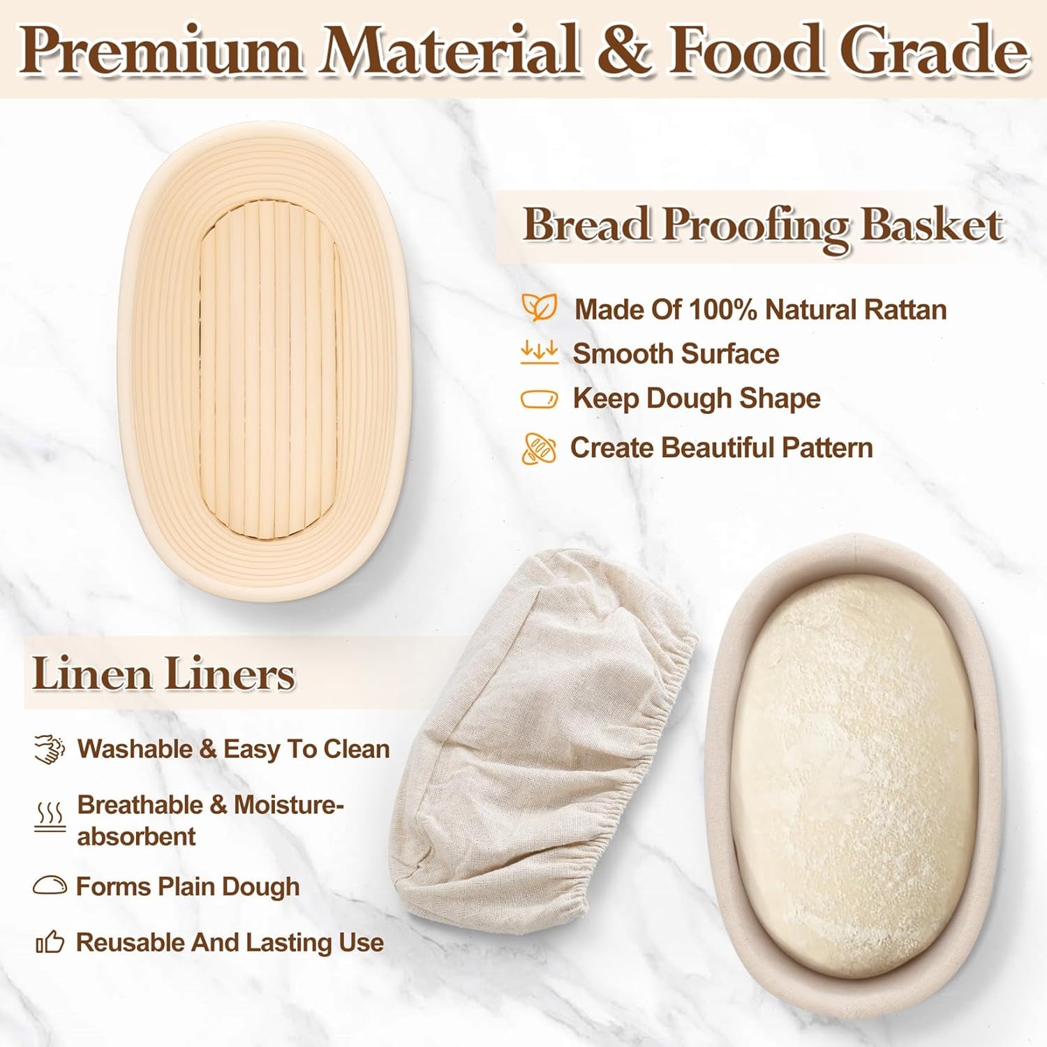 Sourdough Bread Proofing Basket Set of 2, 10 Inch Oval Dough Proofing Bowls, Sourdough Bread Baking Supplies for Bakers, Handmade Rattan Baskets with Cloth Liner