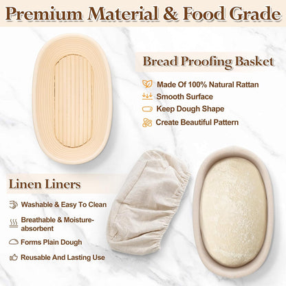 Sourdough Bread Proofing Basket Set of 2, 10 Inch Oval Dough Proofing Bowls, Sourdough Bread Baking Supplies for Bakers, Handmade Rattan Baskets with Cloth Liner