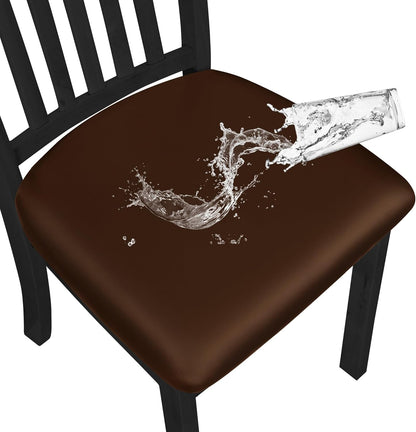 Waterproof PU Leather Seat Covers for Dining Room Chairs Set of 4, Stretch Fit Removable Chair Seat Protector Slipcovers with Elastic Band, Coffee