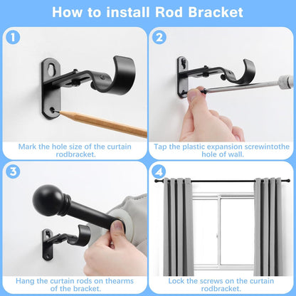 Curtain Rods for Windows 16 to 48 Inches, Curtain Rod Max Adjustable Length of 60 IN, 6/8" Diameter Drapery Rods round Finials, Black, Pack of 1