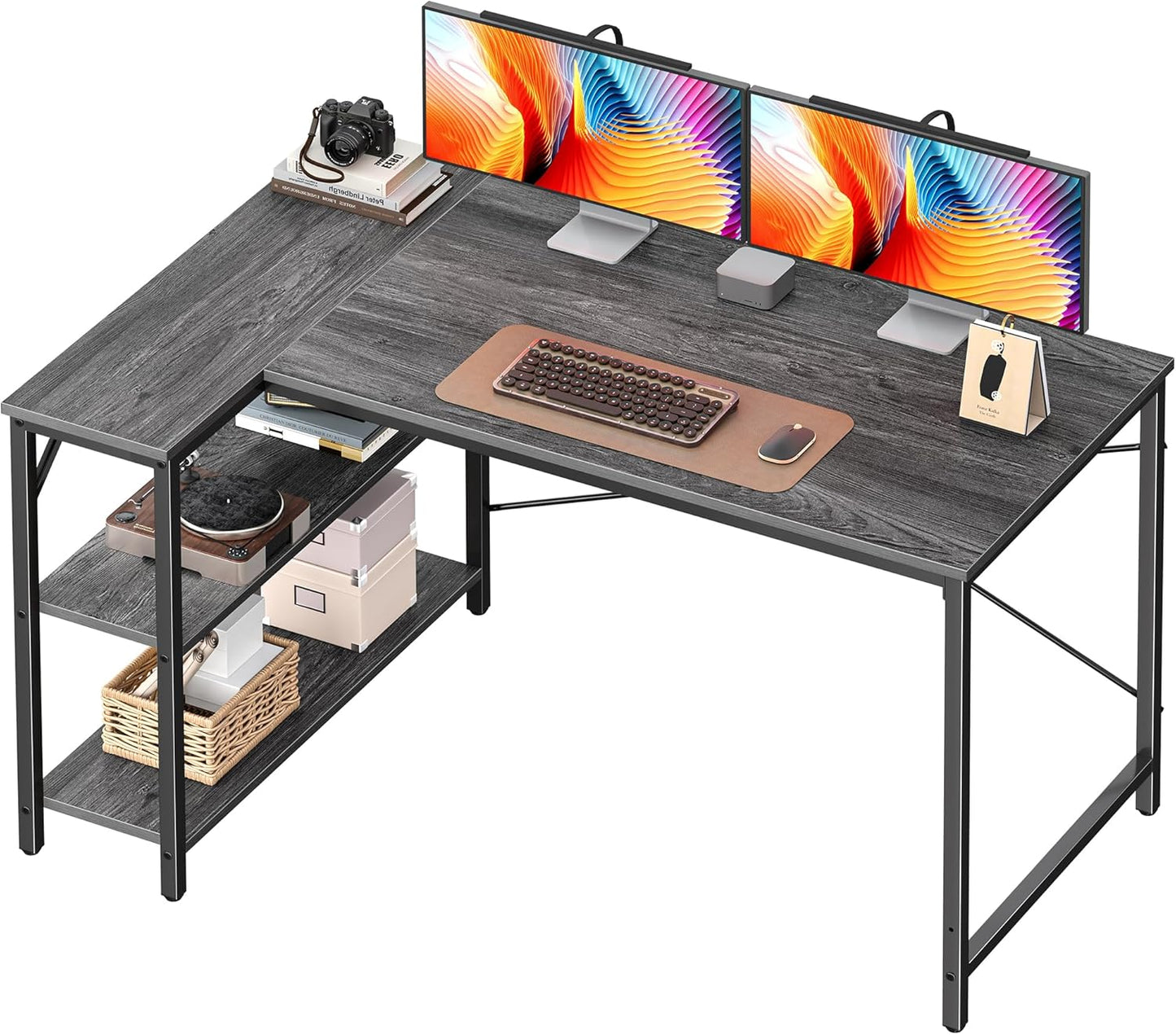 L-Shaped 47-Inch Computer Desk with Reversible Storage Shelves for Home Office, Gaming, and Study - Metal Frame, Gray