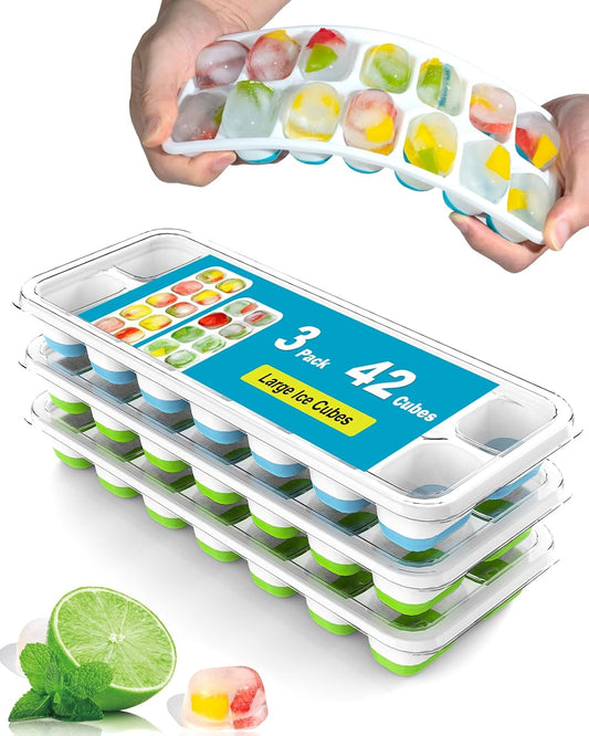 Ice Cube Trays for Freezer - 3 Pack 42 Cubes, Easy to Release Silicone Ice Trays with Spill-Resistant Lids, Reusable Ice Tray,Stackable and Bpa-Free, Perfect for Cocktails, Drinks,And Ice Coffee