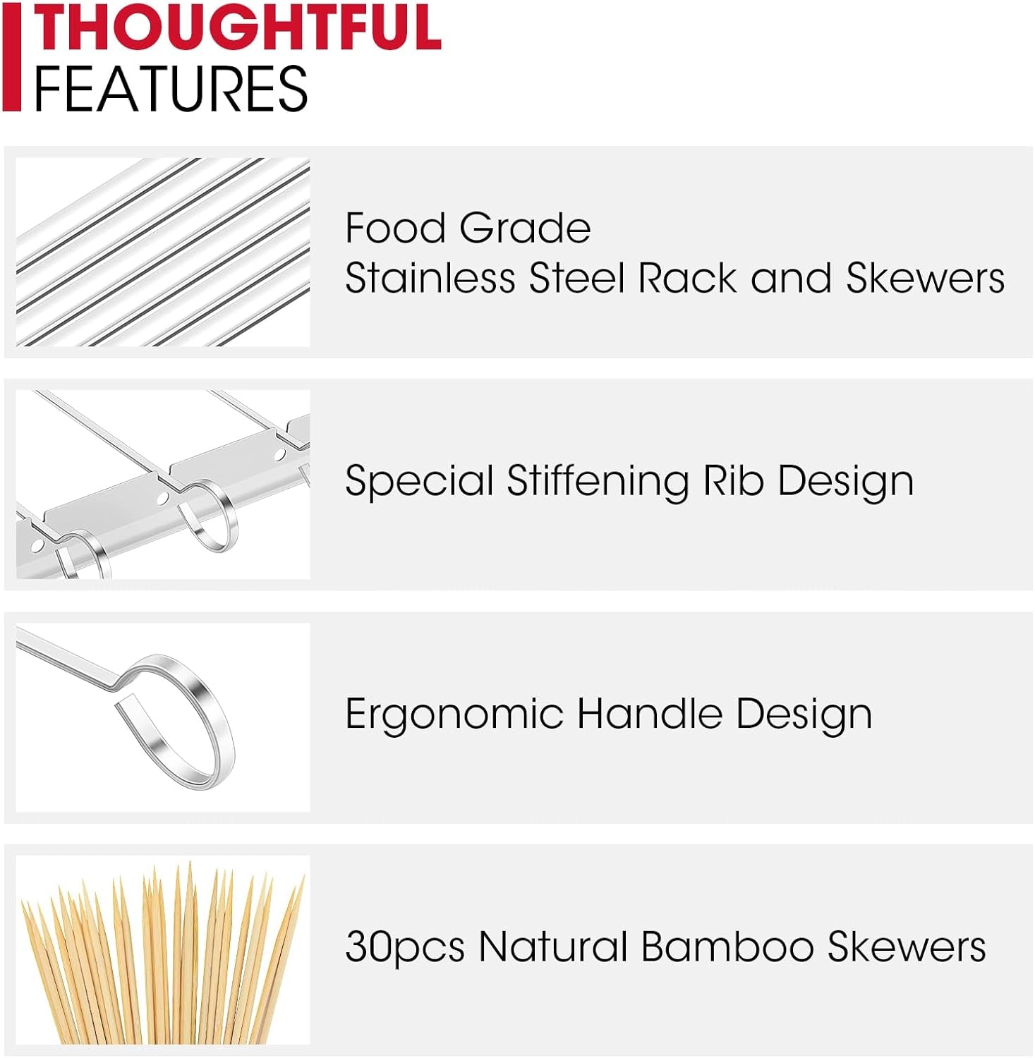 Stainless Steel BBQ Shish Kabob Set, Foldable Shish Kabob Holder with 6Pcs 13"L Skewers, Reusable Grill Rack, Comes with 30Pcs 12.5"L Bamboo Skewers for Party and Cookout