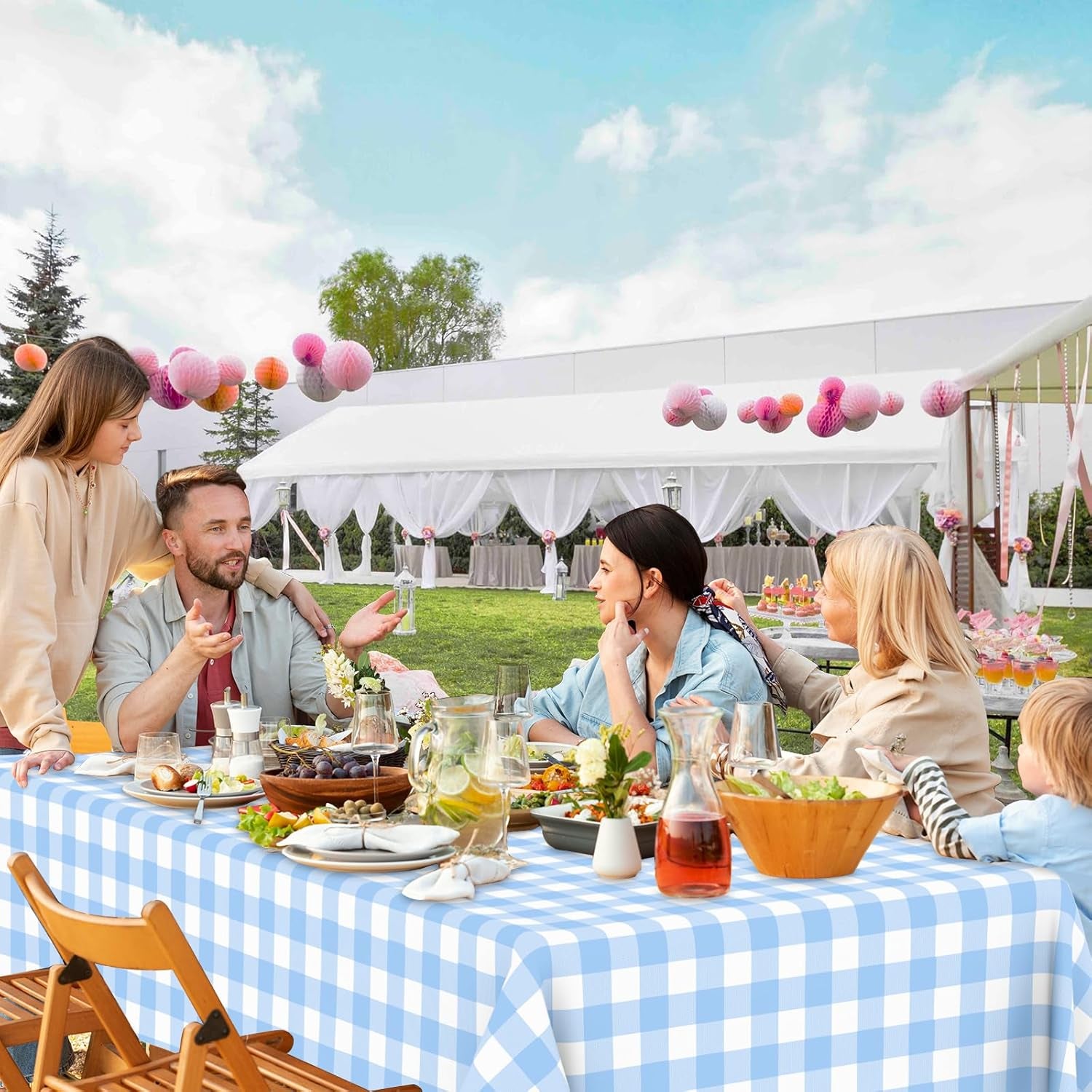 2 Pack Light Blue Gingham Rectangular Plastic Tablecloths, Blue and White Checkered Disposable Table Covers 54" X 108" for Birthday, Wedding, Bridal Shower, Outdoor Picnic Camping Parties