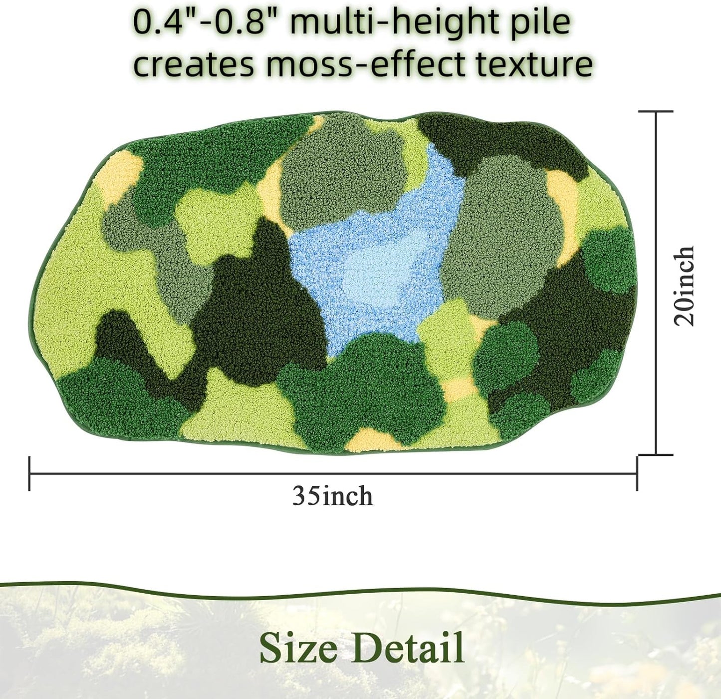 Soft Fluffy Green Moss Bath Rugs 20"X35" Non Slip Bath Mats Cute Fun Irregular Unique Bathroom Rugs Absorbent Carpet for Bathroom Shower Tub Bedroom Rug Decor, Multigreen Moss Blue Pond