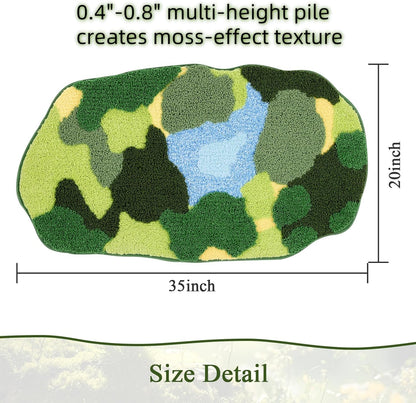 Soft Fluffy Green Moss Bath Rugs 20"X35" Non Slip Bath Mats Cute Fun Irregular Unique Bathroom Rugs Absorbent Carpet for Bathroom Shower Tub Bedroom Rug Decor, Multigreen Moss Blue Pond