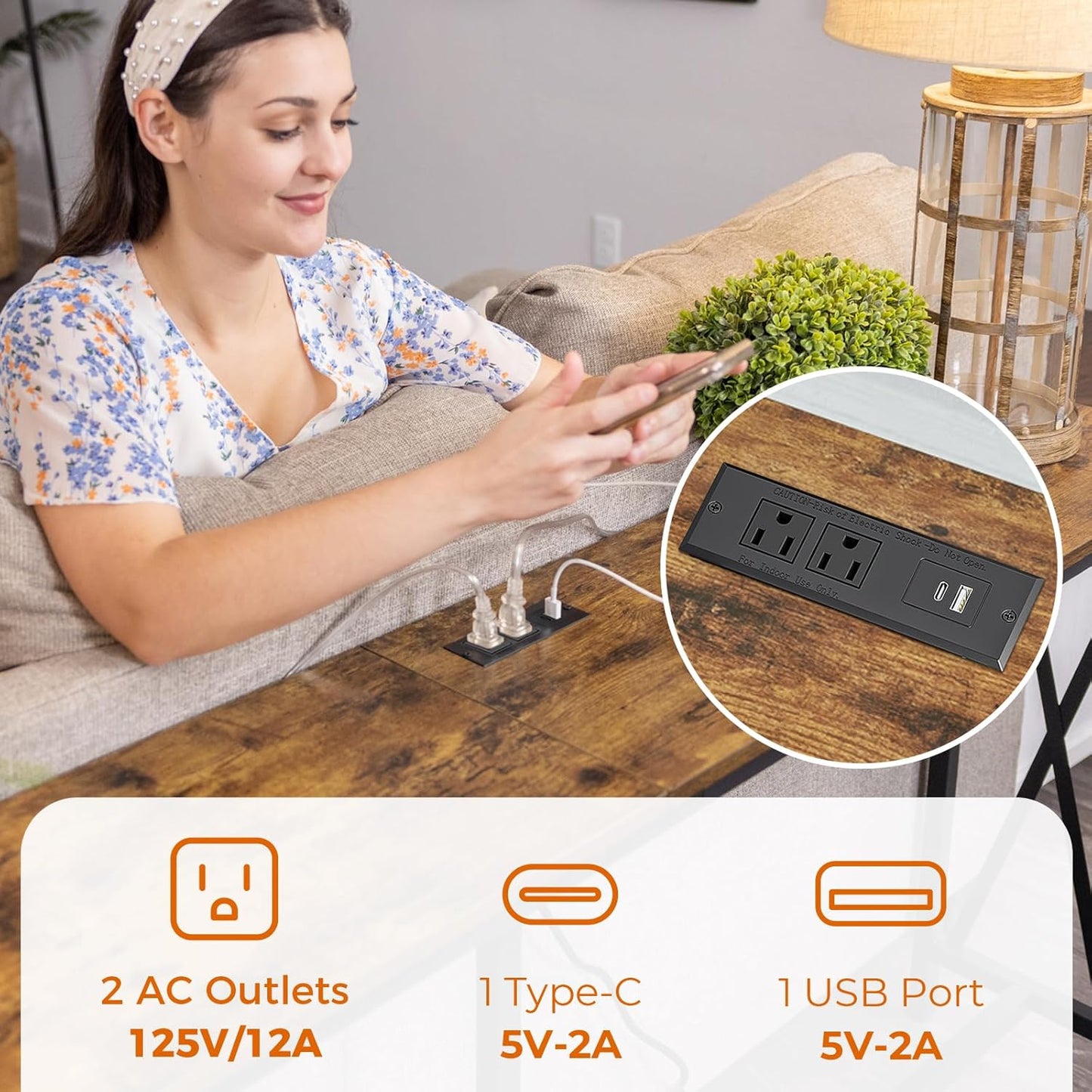 70-Inch Console Table with Power Outlets and USB-C Port, Extra Long Sofa Table with X-Shaped Design, Slim Profile for Entryway and Living Room, Metal Frame and Rustic Brown Wooden Top