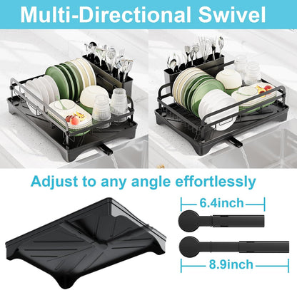 Dish Drying Rack for Kitchen Counter - Large Dish Rack with Drainboard, Rustproof Dish Drainer with Drainage Spout & Utensil Holder for Sink, Black