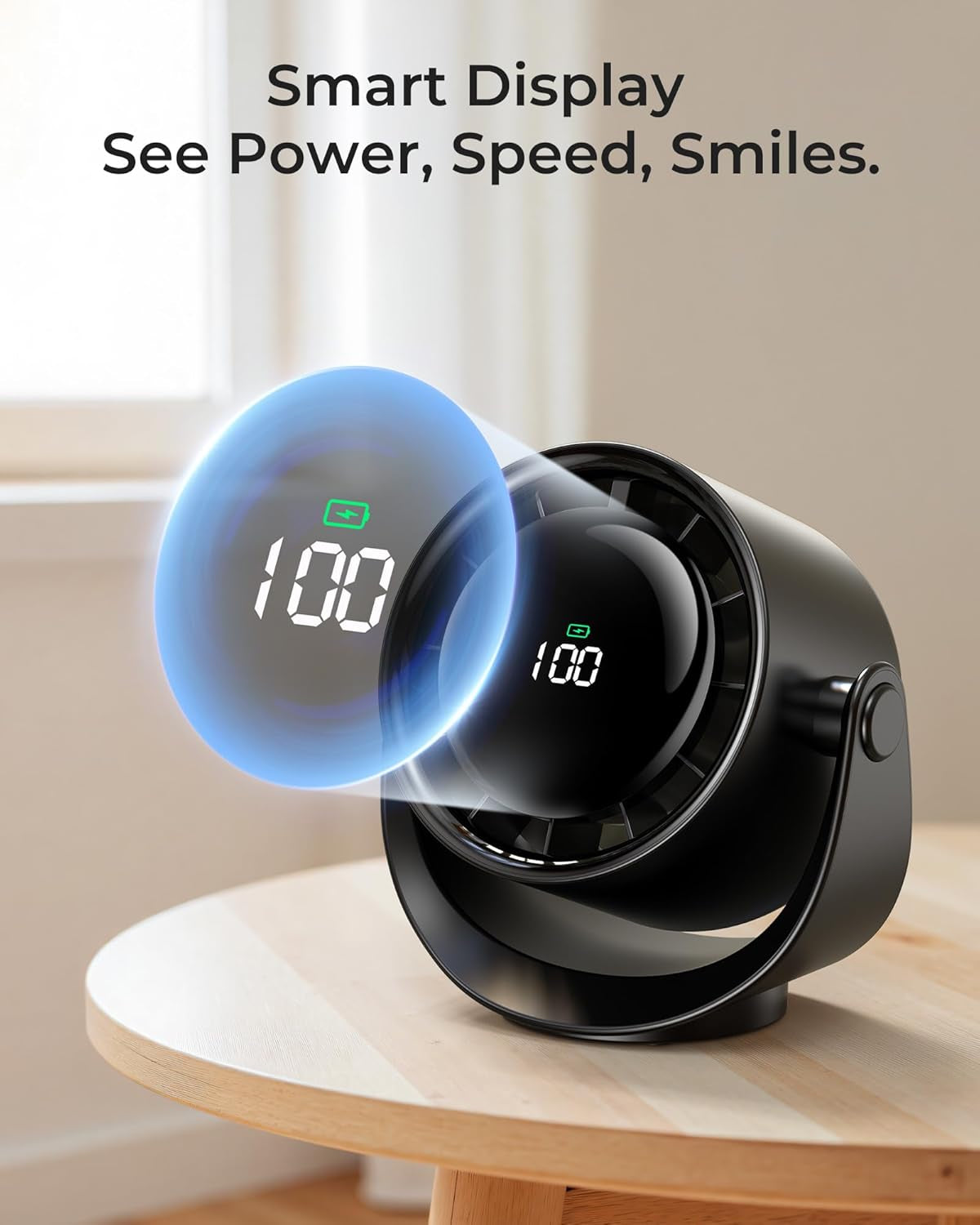 Desk Fan, LED Display Mini Table Fan, Rechargeable Personal Fan with 4000Mah Battery, Max. 17H Use, 5 Speeds, 360°Tilt, USB-C Charging, Quiet Small Portable Fan for Home, Office, Camp, Travel