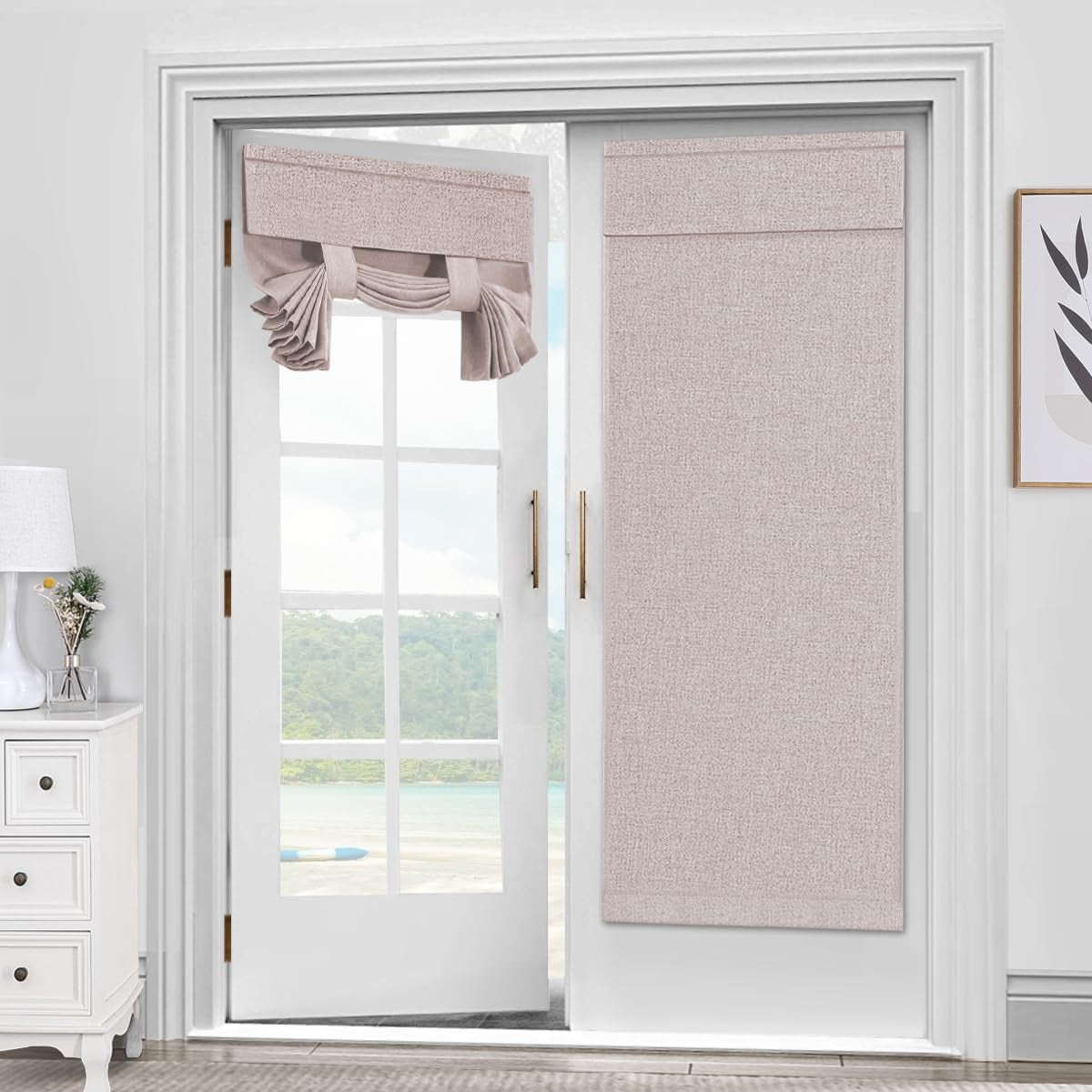 Door Curtains for Door Window, Faux Linen French Door Curtains for Privacy, Tie up Shades Front Door Curtain for Glass Window Covering, Heather Sand, 26’’ X 68’’, 1 Panel