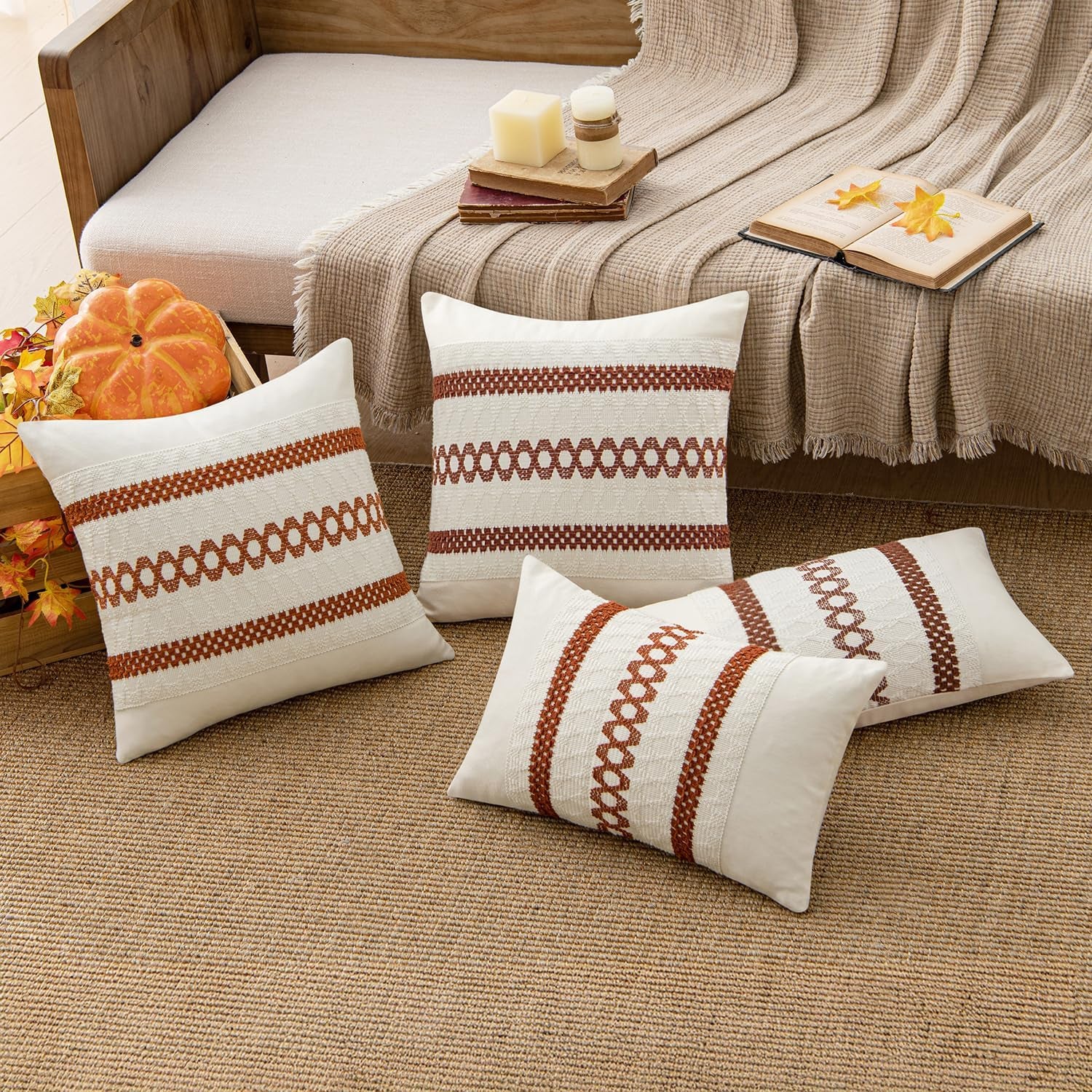 Set of 2 Rust Fall Decorative Lumbar Pillow Covers 12X20 Inch Farmhouse Rustic Boho Couch Throw Pillows Modern Cotton Cushion Covers Retro Cute Macrame Woven Home Decor for Bed Sofa Chair