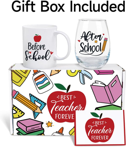 Teacher Appreciation Gifts for Women - 11Oz Coffee Mug & 19Oz Wine Glass, Funny & Thank You Gifts, before & after School Drinks