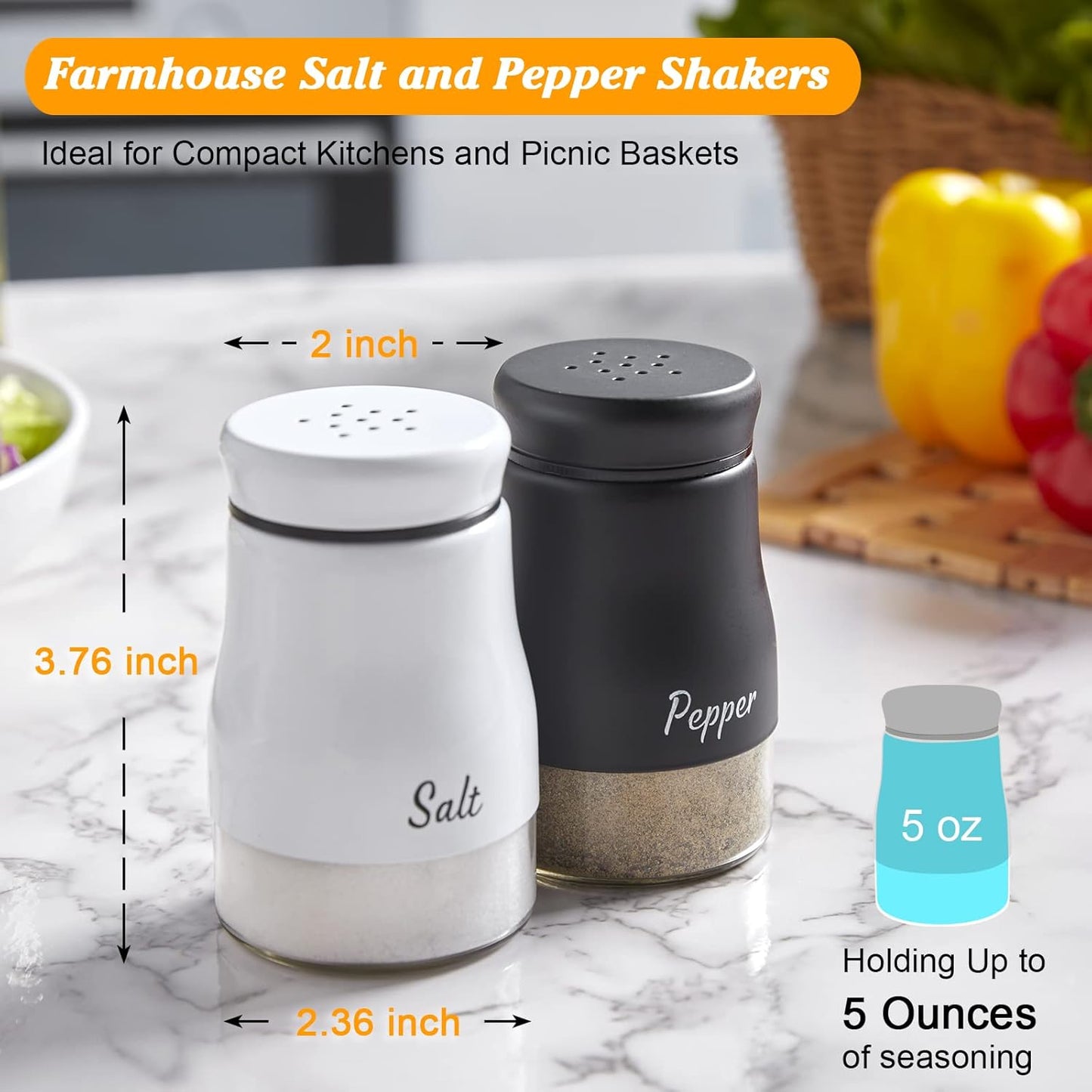 Salt and Pepper Shakers Set,  5 Ounce Salt and Pepper Dispenser with Glass Bottom, Cute Salt and Pepper Shakers for Modern Home Kitchen Decor, Easy Filling