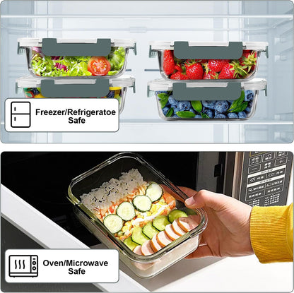 22 OZ Glass Meal Prep Containers Set - 10 Pack, Airtight Glass Lunch Containers with Lids, BPA-Free, Suitable for Microwave, Oven, Freezer & Dishwasher, Grey